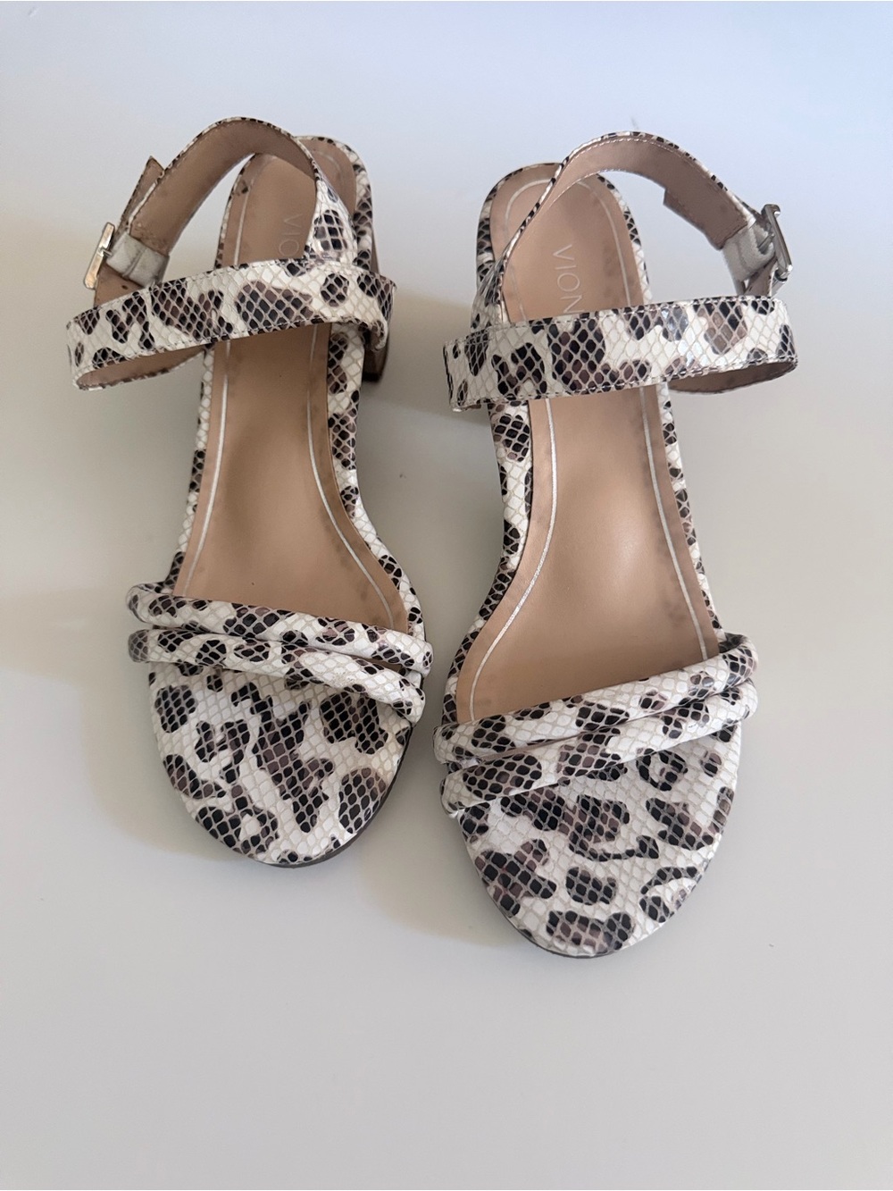 Vionic White and Black Leopard-Print Ankle-Strap Sandals